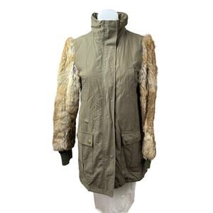 Aqua Genuine Rabbit Fur Long Sleeve Stand Collar Utility Parka Coat Jacket Sz XS